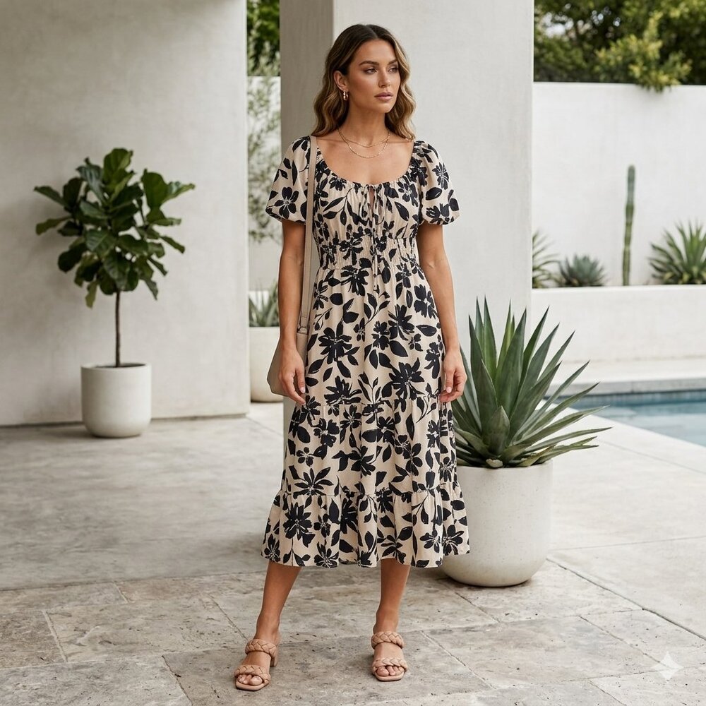 Blush Nordstrom Rack Floral Puff Sleeve Tiered Midi Dress Sz Small NWOT